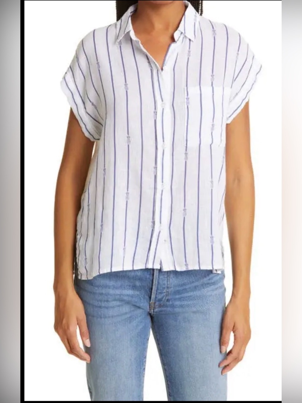 Rails White Button-Down Top in Pineapple Blue Stripe Colorway w Cuff Cap Sleeves